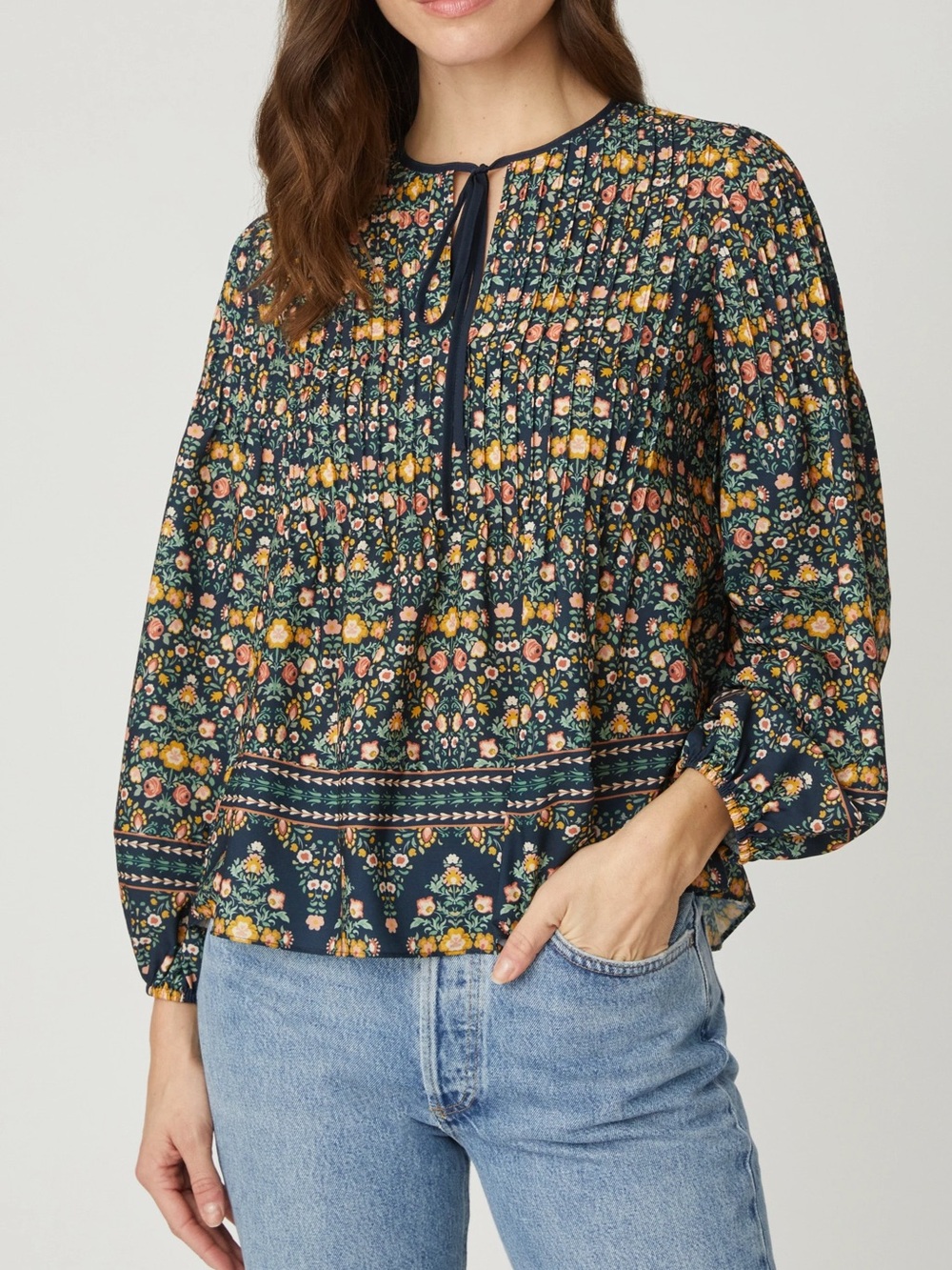 Shoshanna Navy Floral Tie-Neck Smocked Blouse